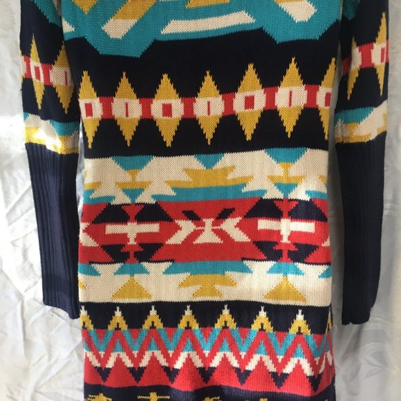 Vintage Jessica Simpson Long Sweater Size XS Tribal Aztec Navy Mustard Y2K - Picture 10 of 14